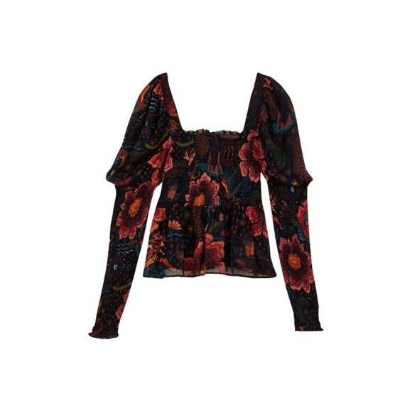 Farm Rio Black River Creatures Smocked Blouse X-Small - Picture 2 of 16